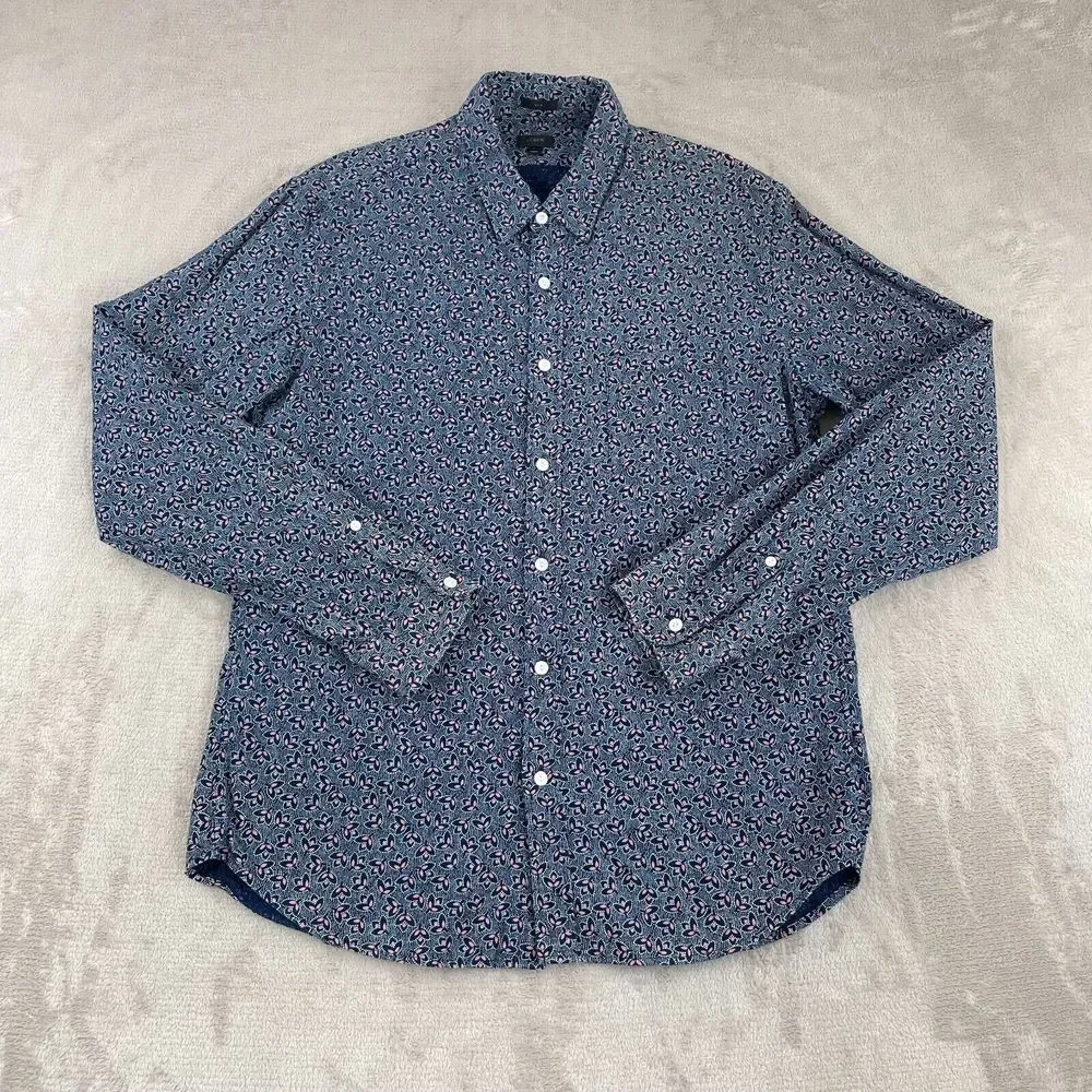 J Crew‎ Shirt Men Large Blue Floral AOP Slim Fit Long Sleeve Casual Preppy